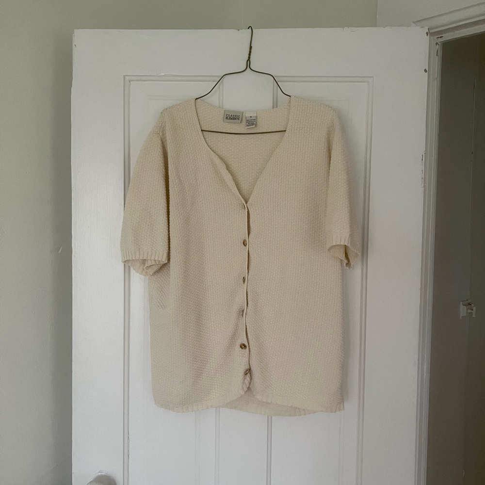 Liz Claiborne Cream Button-Down Short Sleeve Knit Top